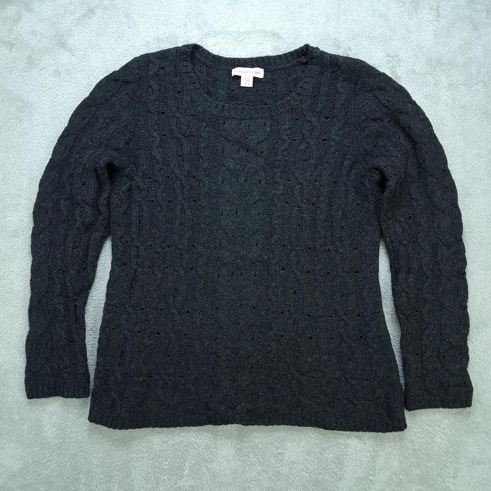 Coldwater Creek Womens L 14-16 Black Cable Knit Wool Blend Crewneck Sweater